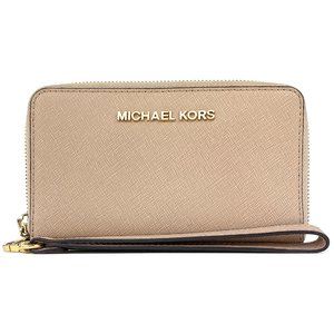 Michael Kors Wristlet Womens Large Cream Saffiano Leather Zipper Closure Logo